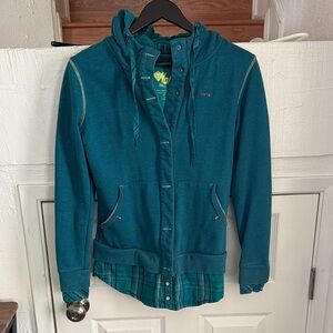 Teal Snowboarding Hoodie with Plaid Accents